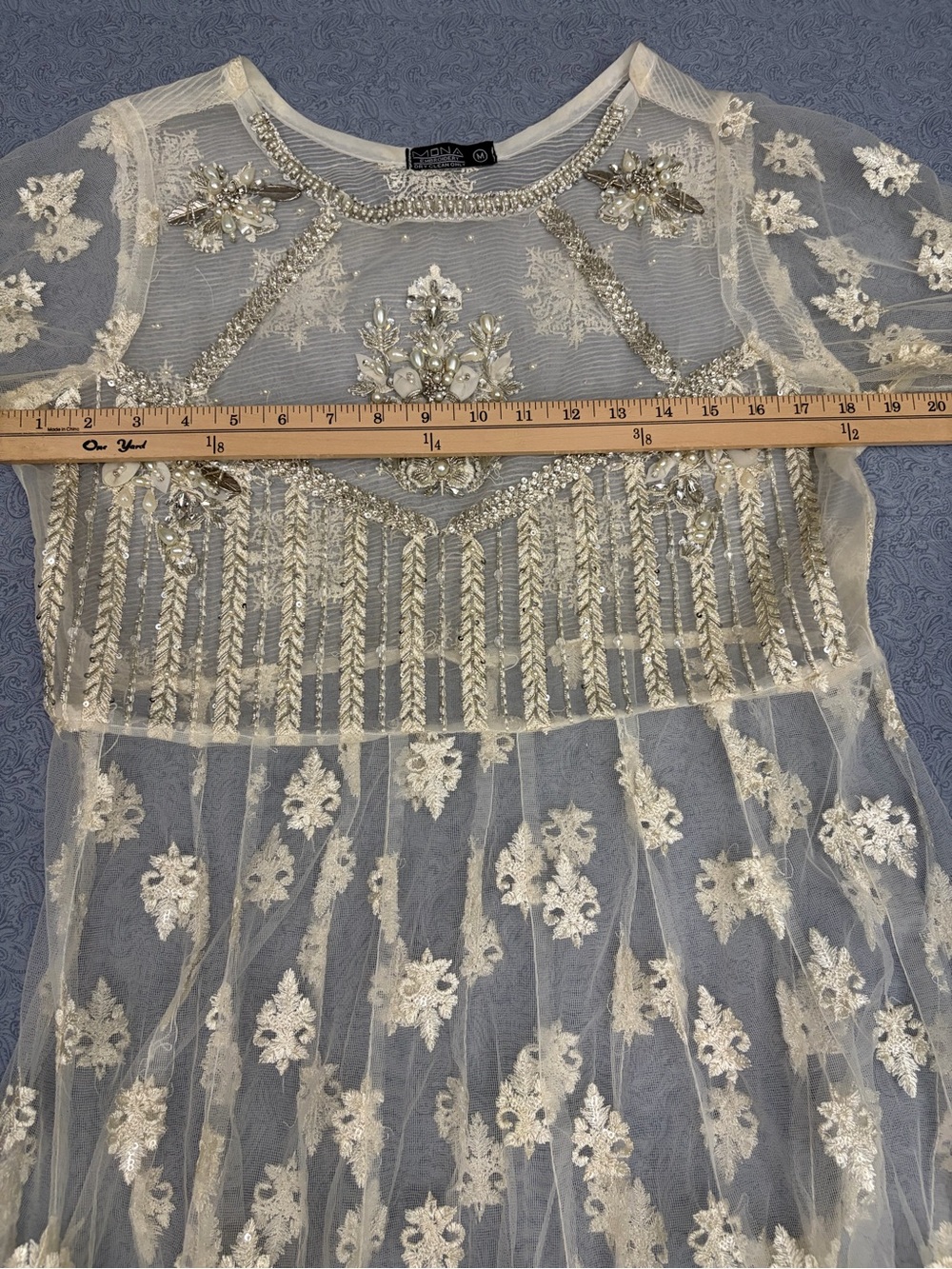 Mona Embroidery Pakistani Sheer Beaded Cream Dress Medium - Picture 7 of 9